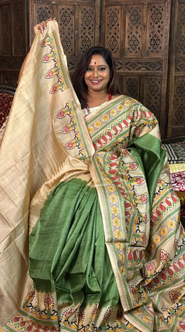Soft Green Pure Tussar Silk Kantha Embroidered Saree