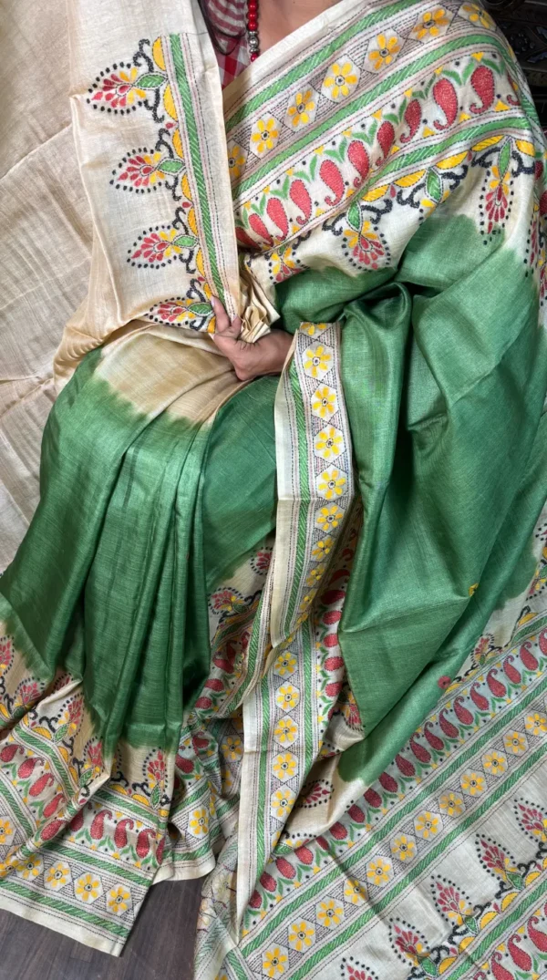 Soft Green Pure Tussar Silk Kantha Embroidered Saree