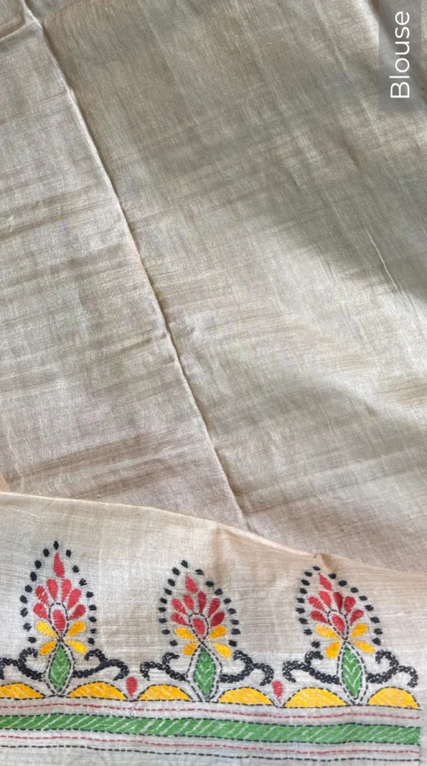 Soft Green Pure Tussar Silk Kantha Embroidered Saree