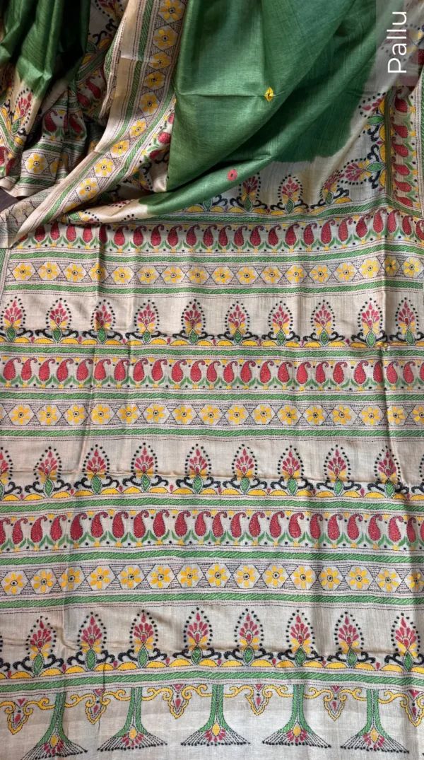 Soft Green Pure Tussar Silk Kantha Embroidered Saree