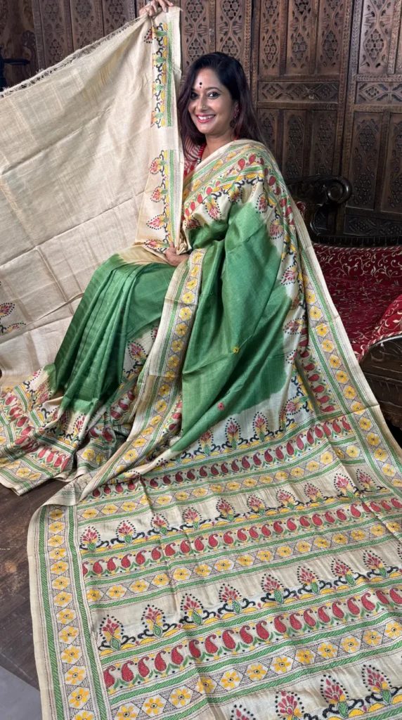 Soft Green Pure Tussar Silk Kantha Embroidered Saree
