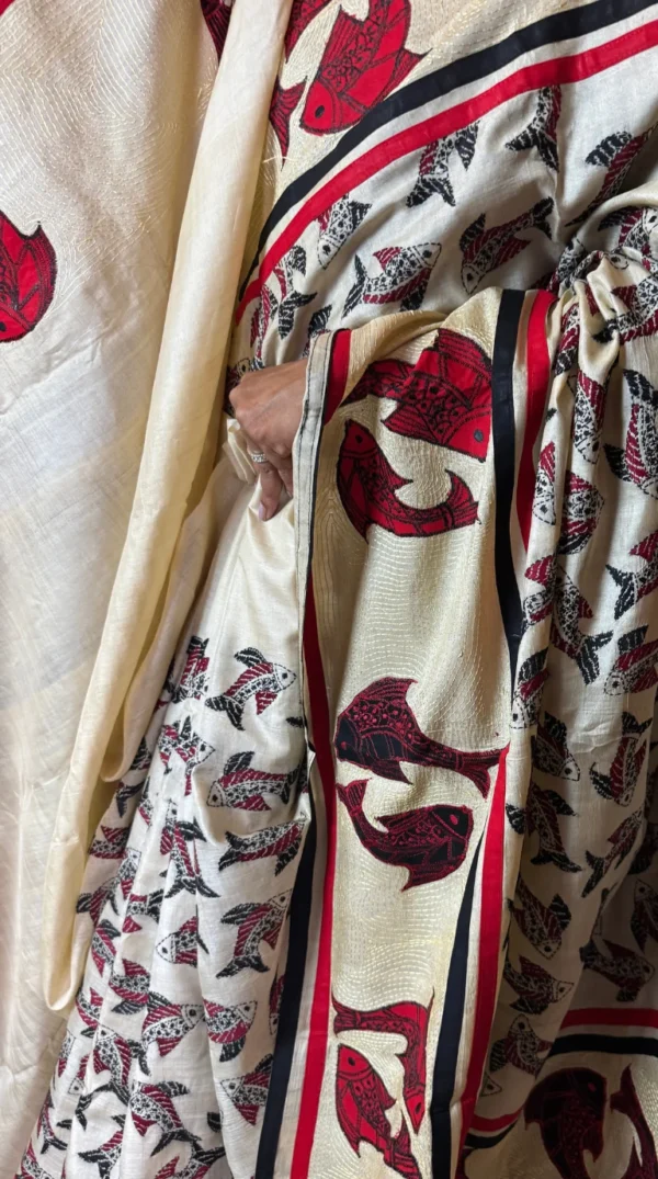 Red Appliques Pure Tussar Silk Kantha Embroidered Saree