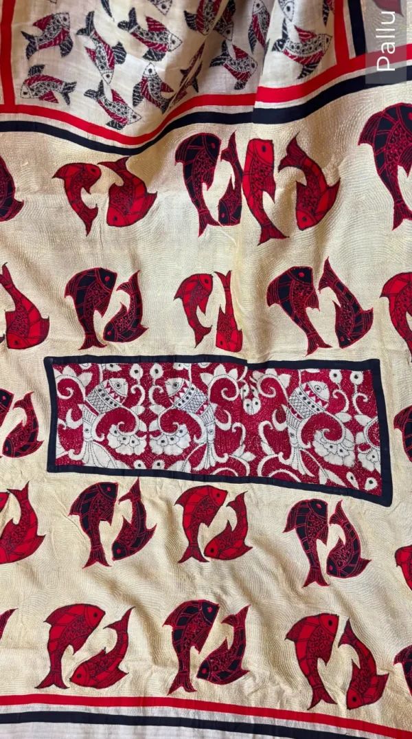 Red Appliques Pure Tussar Silk Kantha Embroidered Saree