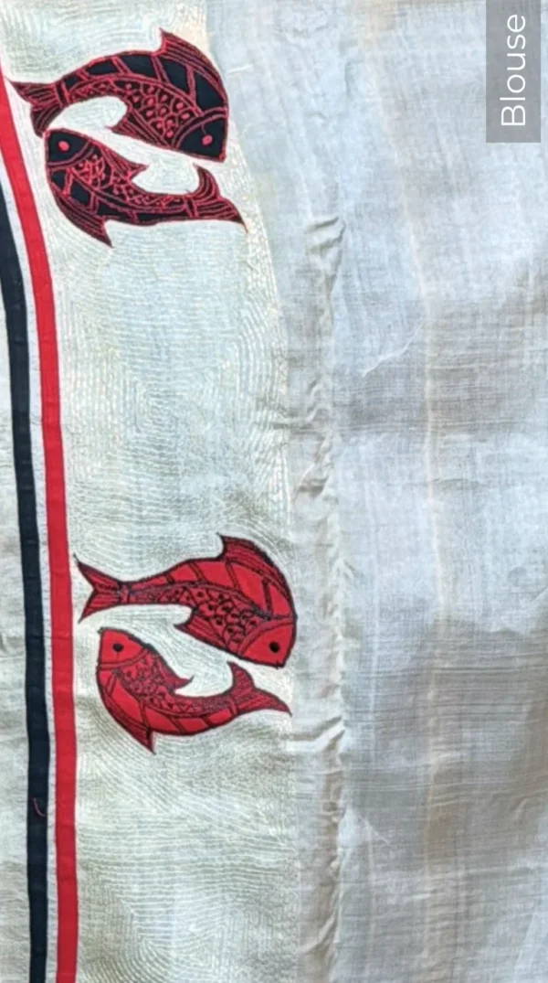 Red Appliques Pure Tussar Silk Kantha Embroidered Saree