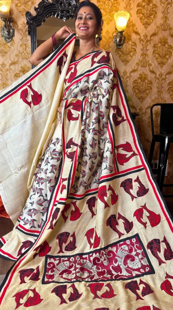 Red Appliques Pure Tussar Silk Kantha Embroidered Saree