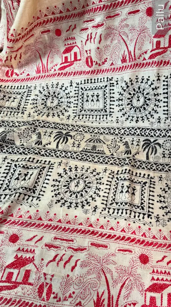 Trisha Beige Pure Tussar Silk Kantha Embroidered Saree