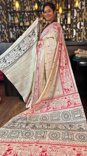 Trisha Beige Pure Tussar Silk Kantha Embroidered Saree