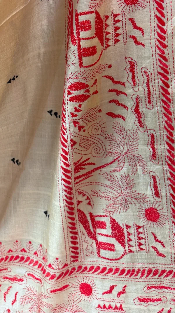 Trisha Beige Pure Tussar Silk Kantha Embroidered Saree