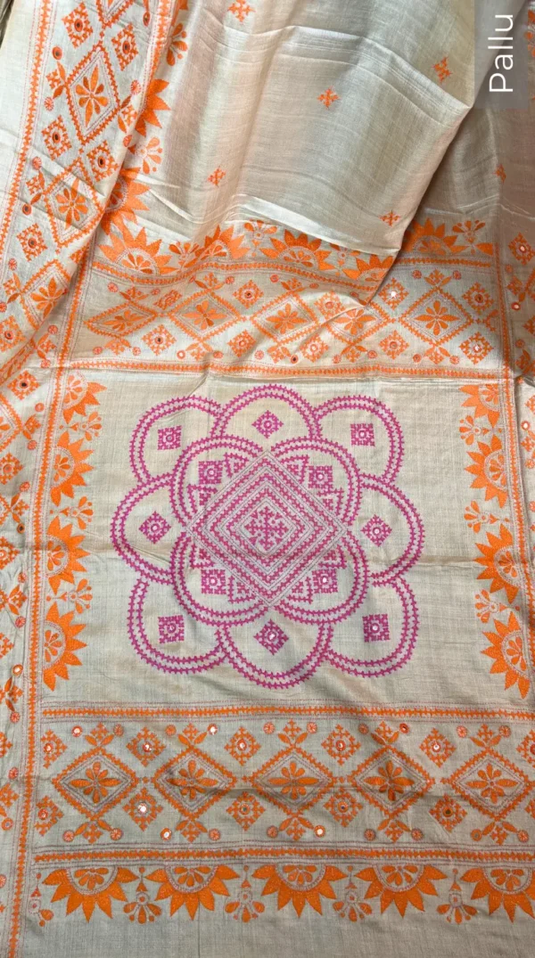 Vibrant Beige Pure Tussar Silk Fusion Kantha & Gujrati Embroidered Saree