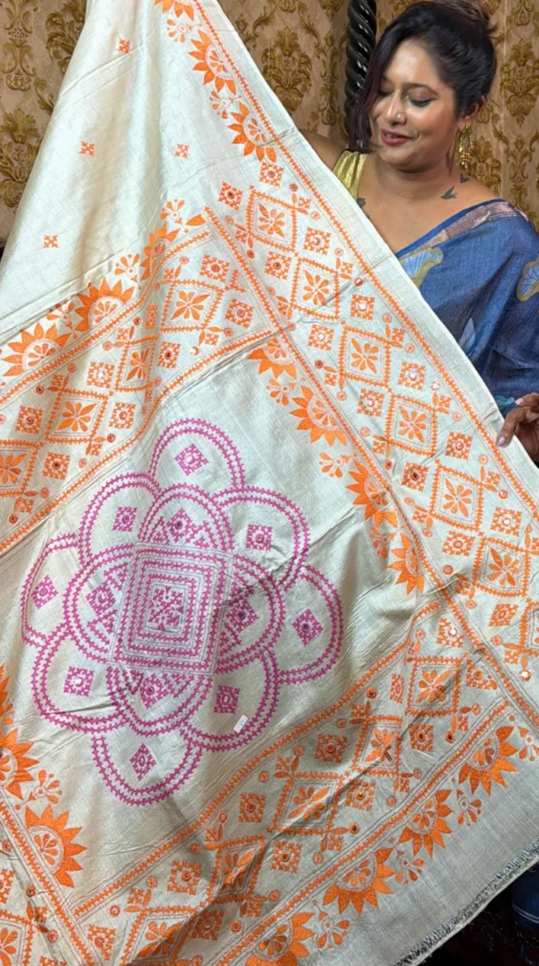 Vibrant Beige Pure Tussar Silk Fusion Kantha & Gujrati Embroidered Saree
