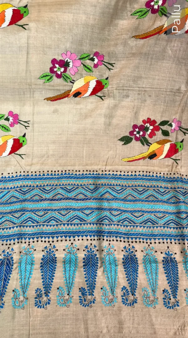Serene Blue Pure Tussar Silk Kantha Embroidered Saree