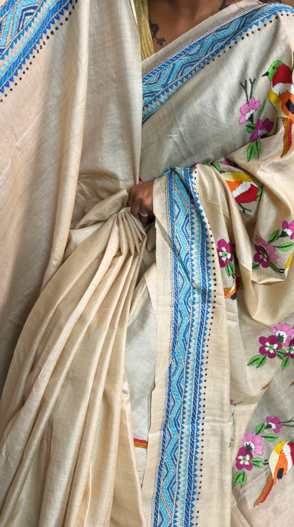 Serene Blue Pure Tussar Silk Kantha Embroidered Saree