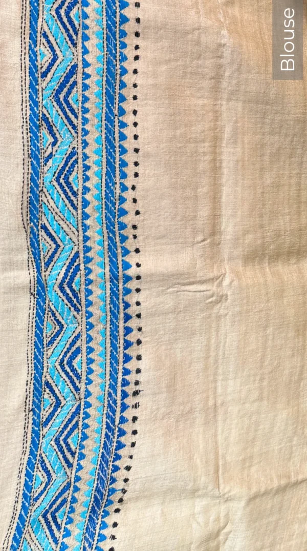 Serene Blue Pure Tussar Silk Kantha Embroidered Saree