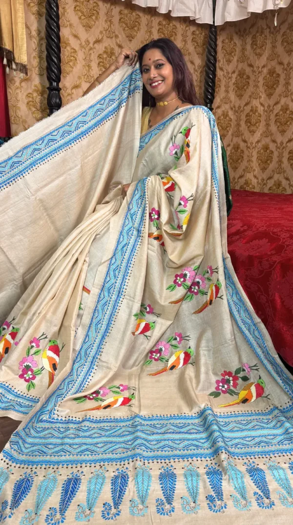 Serene Blue Pure Tussar Silk Kantha Embroidered Saree