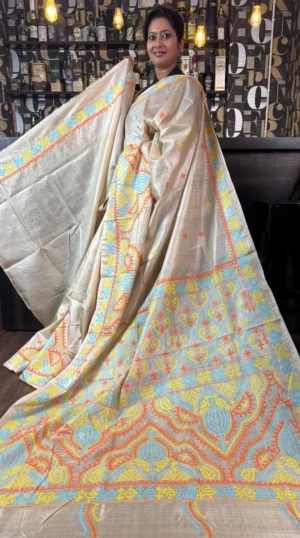 Himanshi Beige Pure Tussar Silk Gujrati Embroidered Saree