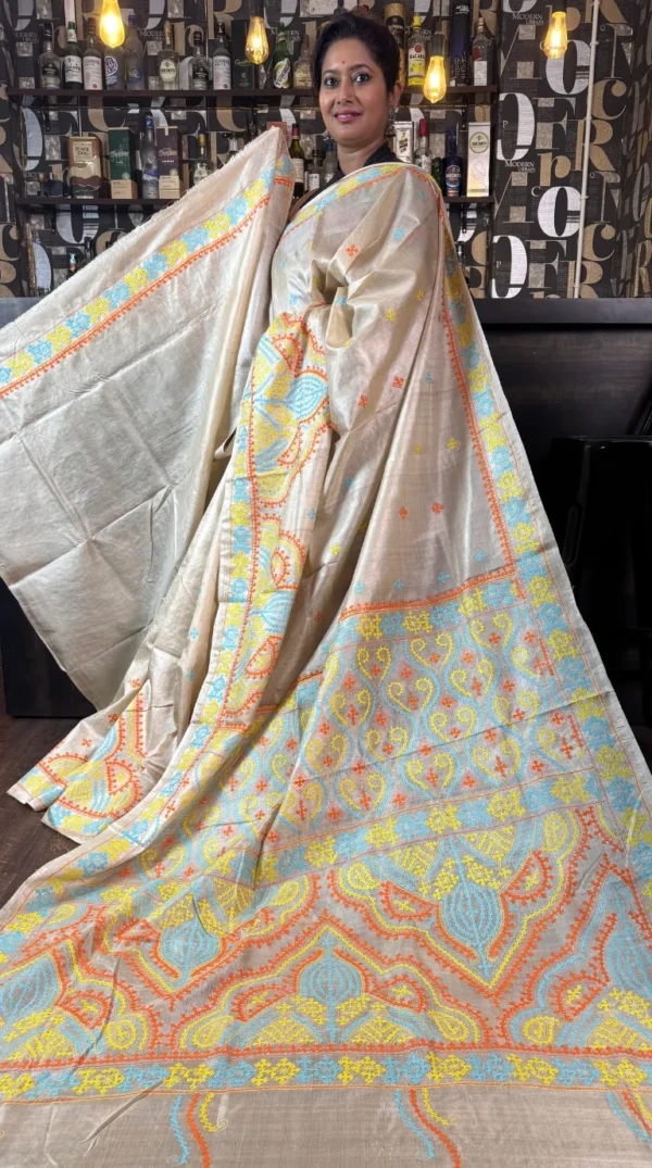 Himanshi Beige Pure Tussar Silk Gujrati Embroidered Saree