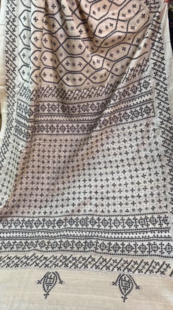 Kaashvi Beige Pure Tussar Silk Gujrati Embroidered Saree