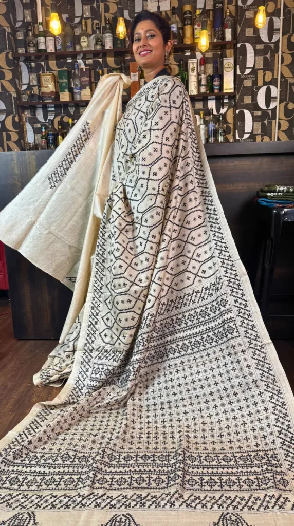 Kaashvi Beige Pure Tussar Silk Gujrati Embroidered Saree