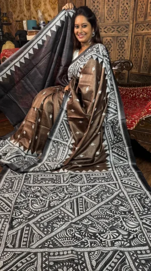 Chandrima Brown Pure Tussar Silk Kantha Embroidered Saree