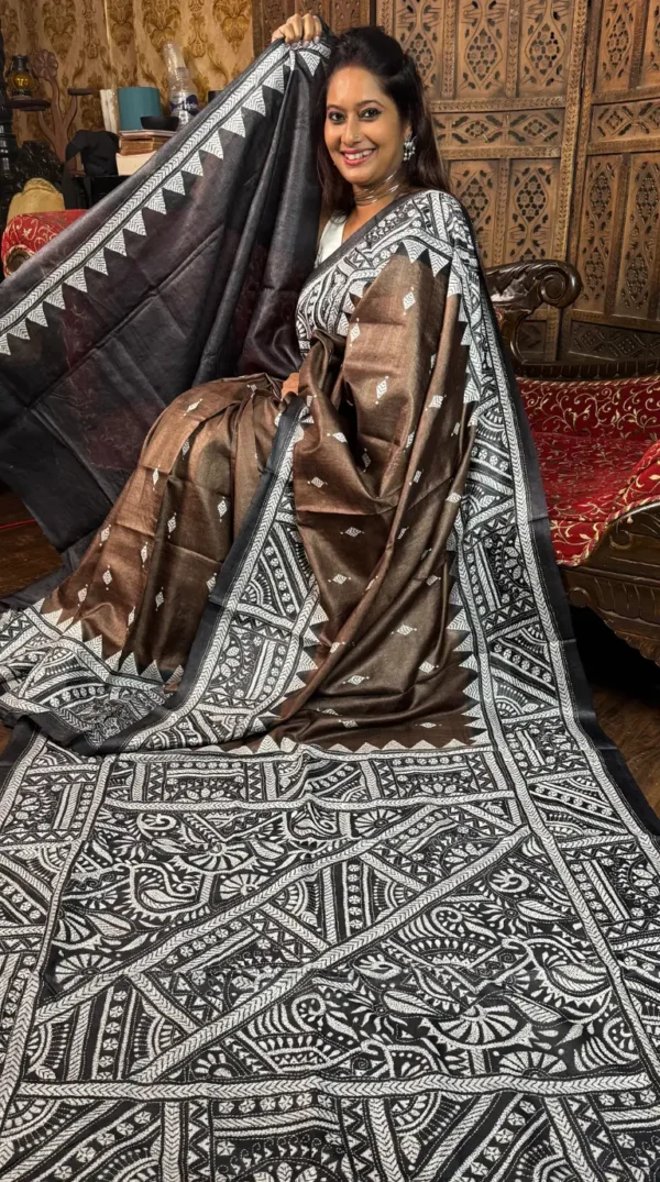 Chandrima Brown Pure Tussar Silk Kantha Embroidered Saree