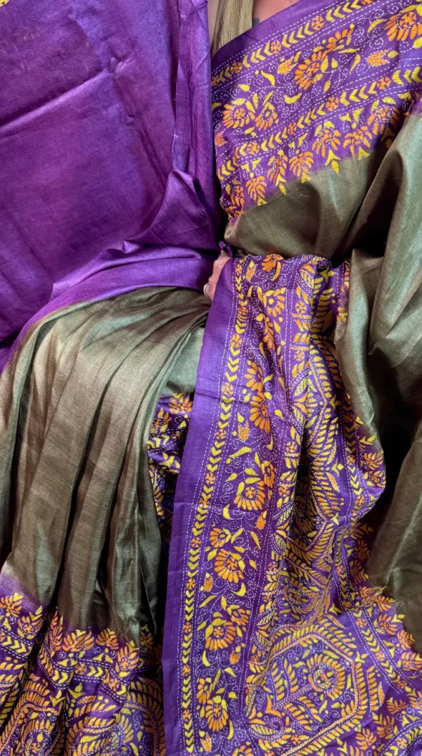 Jayshree Pure Tussar Silk Kantha Embroidered Saree