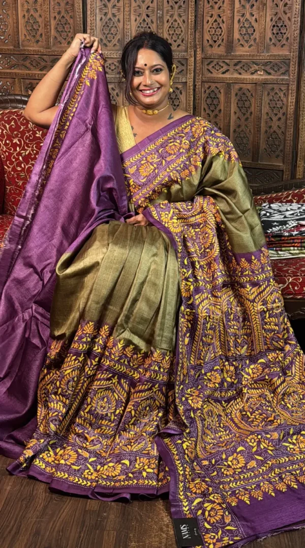 Jayshree Pure Tussar Silk Kantha Embroidered Saree