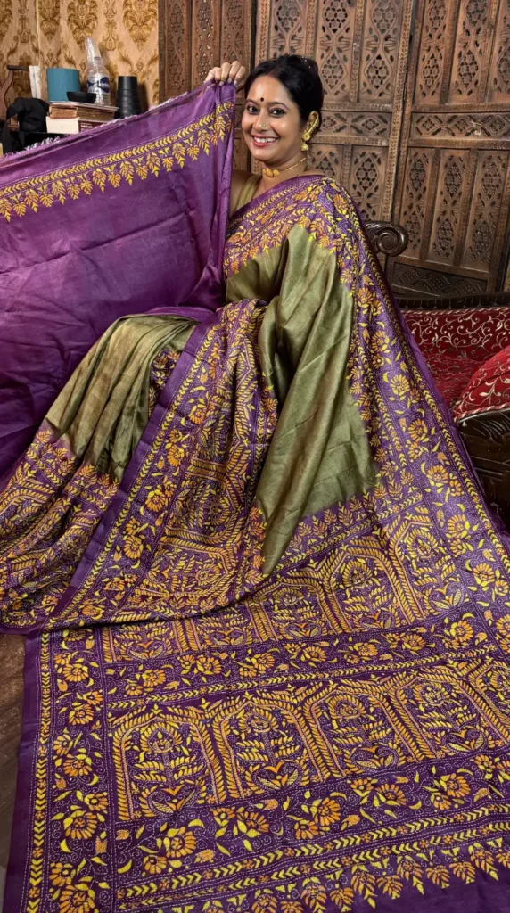 Jayshree Pure Tussar Silk Kantha Embroidered Saree