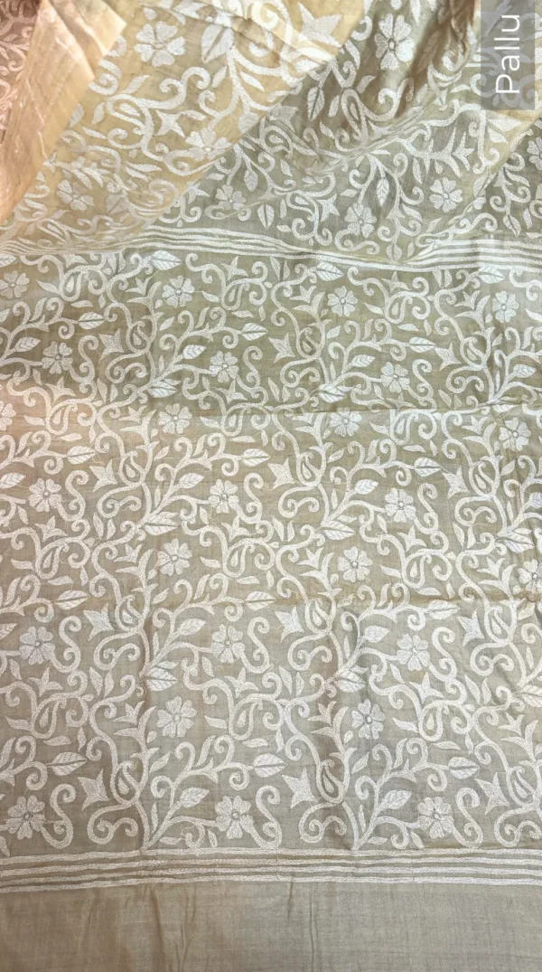 Enakshi Beige Pure Tussar Silk Kantha Embroidered Saree