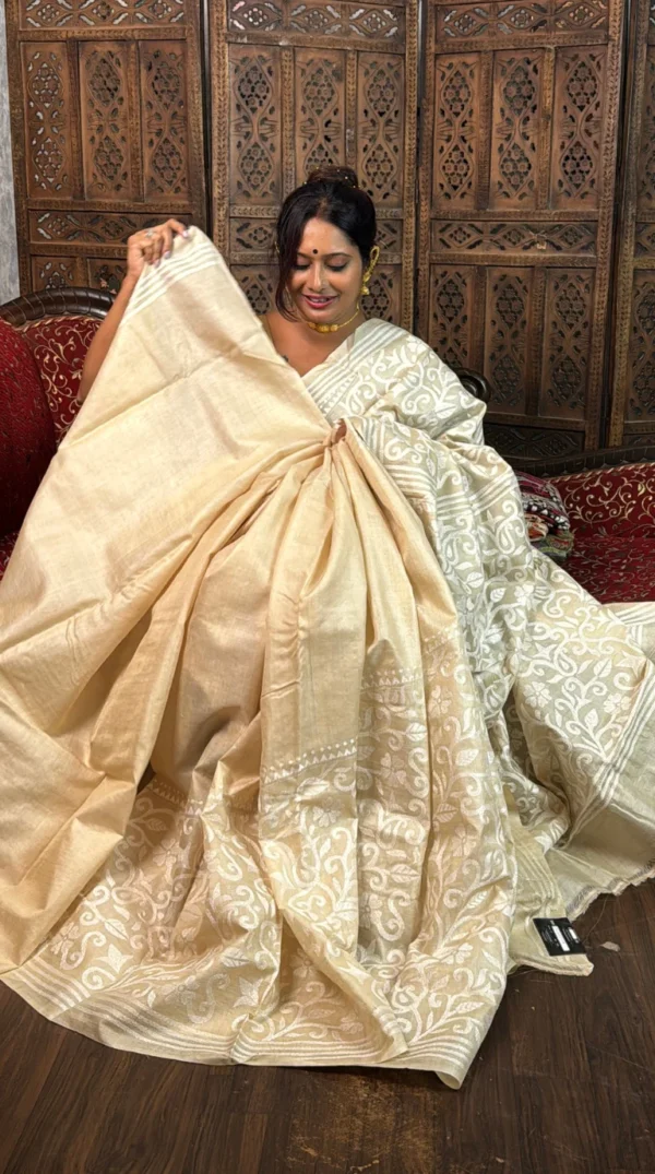 Enakshi Beige Pure Tussar Silk Kantha Embroidered Saree