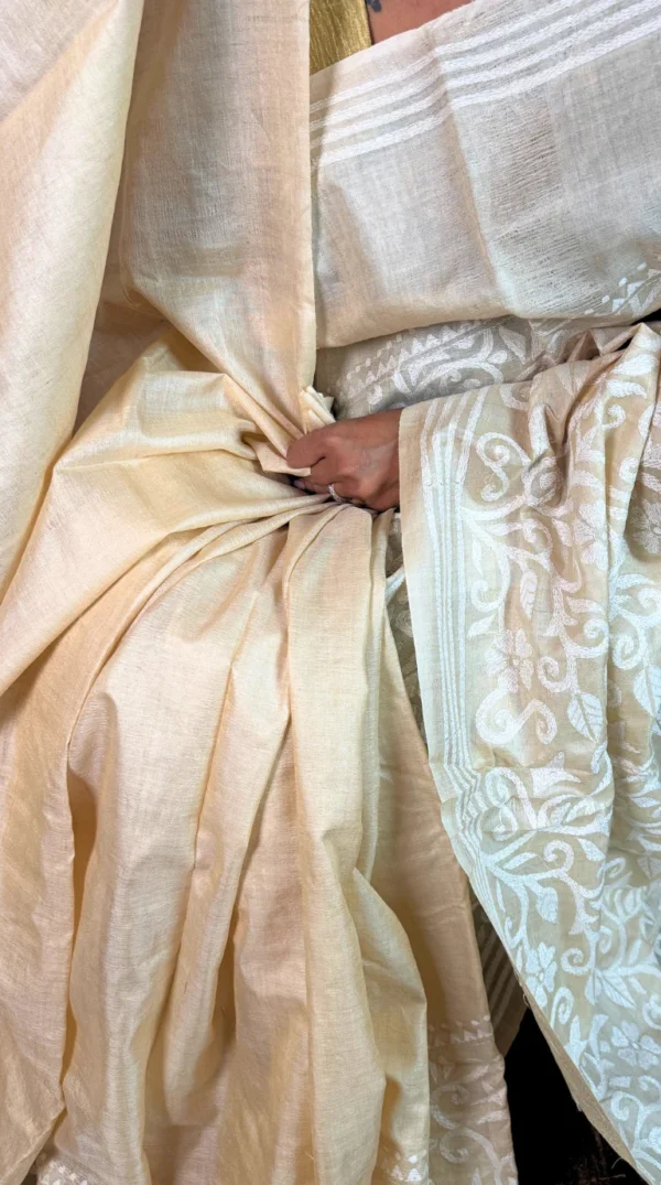 Enakshi Beige Pure Tussar Silk Kantha Embroidered Saree