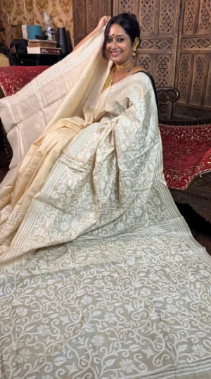 Enakshi Beige Pure Tussar Silk Kantha Embroidered Saree