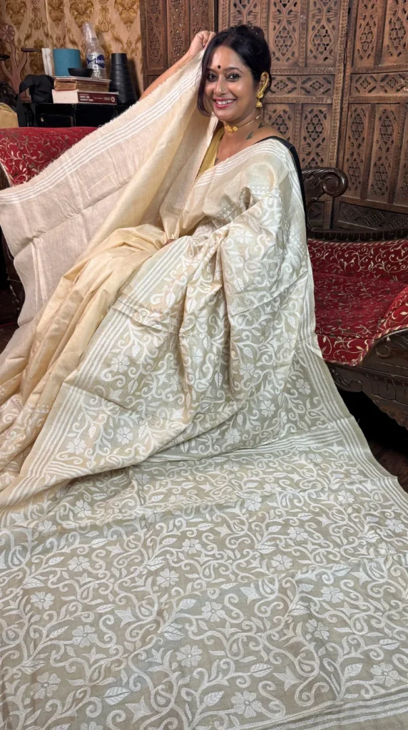 Enakshi Beige Pure Tussar Silk Kantha Embroidered Saree