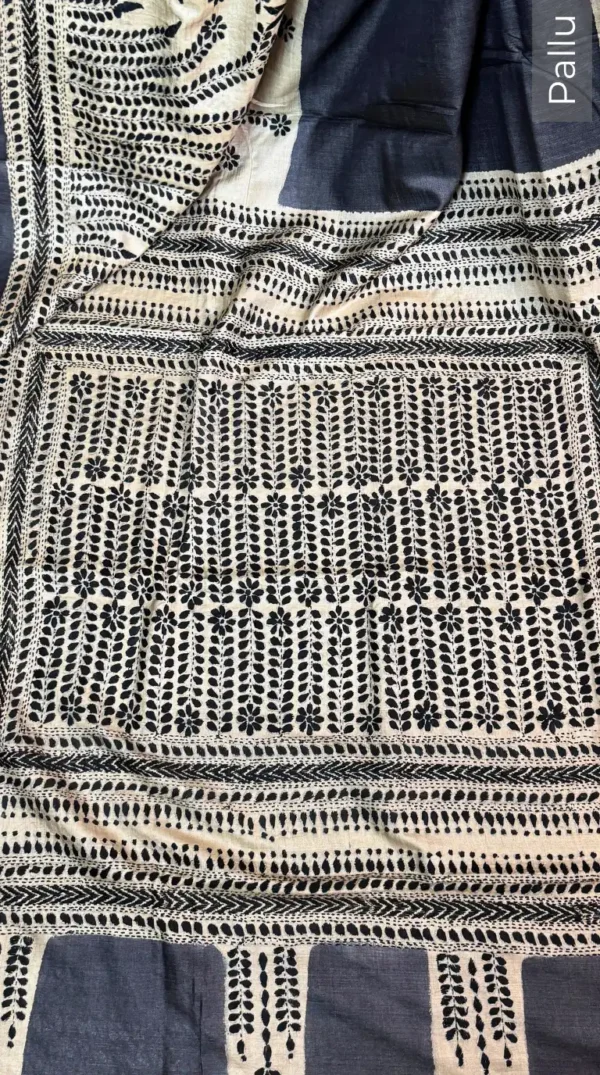Blooming Grey Pure Tussar Silk Kantha Embroidered Saree