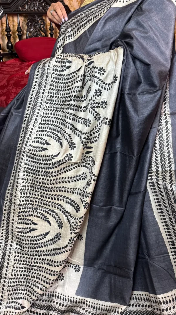 Blooming Grey Pure Tussar Silk Kantha Embroidered Saree