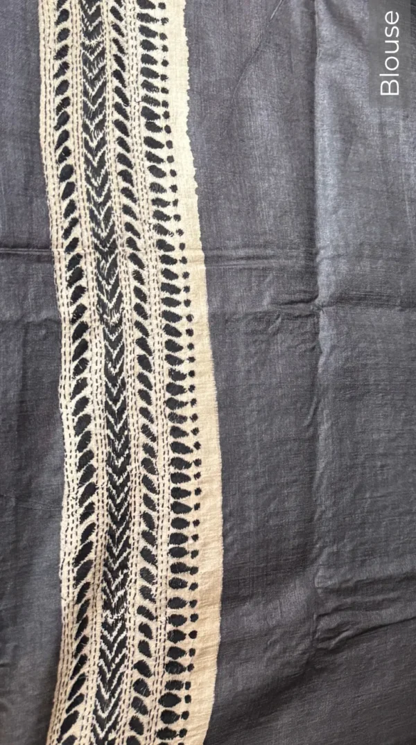 Blooming Grey Pure Tussar Silk Kantha Embroidered Saree