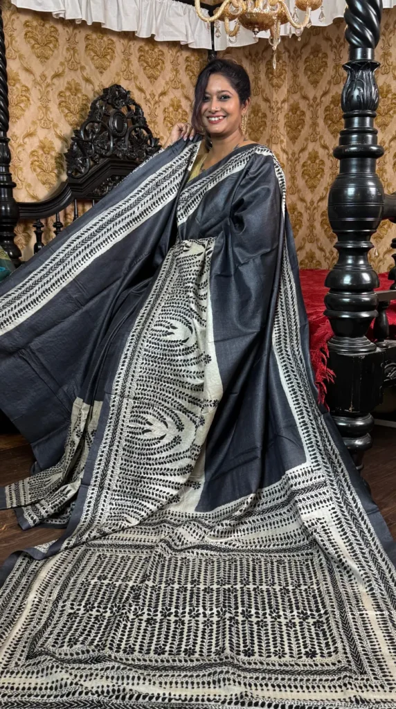 Blooming Grey Pure Tussar Silk Kantha Embroidered Saree