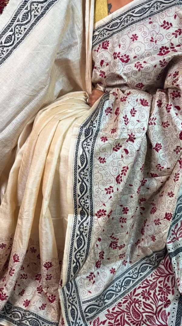 Raagini Beige Pure Tussar Silk Kantha Embroidered Saree