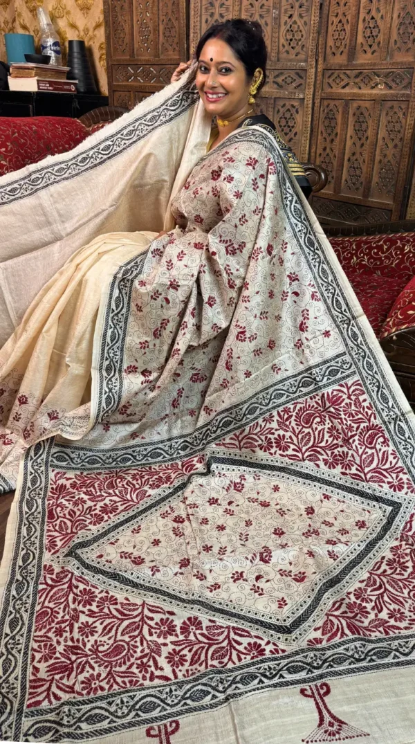 Raagini Beige Pure Tussar Silk Kantha Embroidered Saree