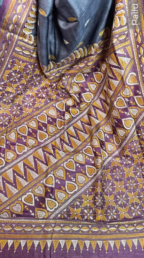 Midnight Grace Pure Tussar Silk Kantha Embroidered Saree