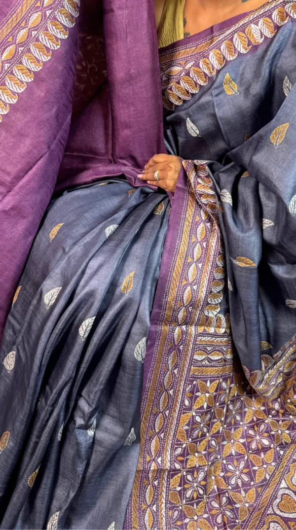 Midnight Grace Pure Tussar Silk Kantha Embroidered Saree