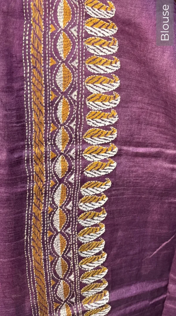 Midnight Grace Pure Tussar Silk Kantha Embroidered Saree