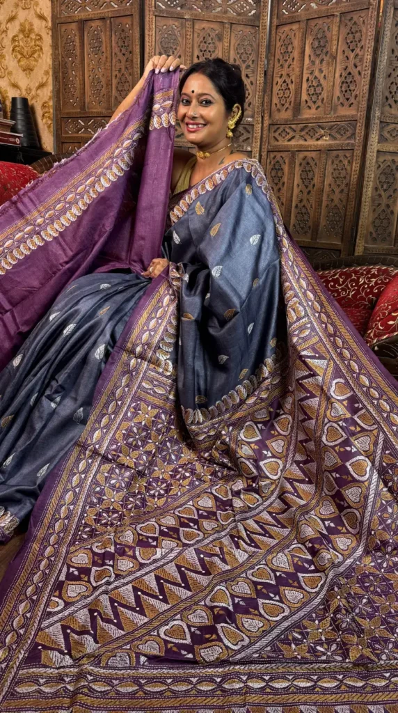 Midnight Grace Pure Tussar Silk Kantha Embroidered Saree