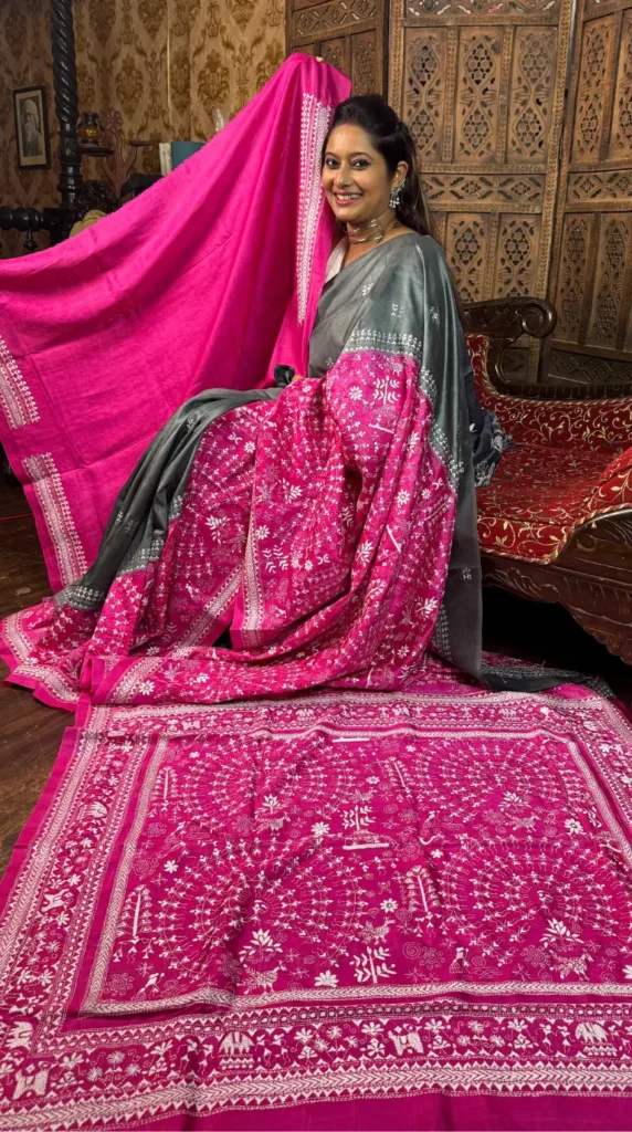 Alishaa Pink Kantha Embroidered Bangalore Silk Saree