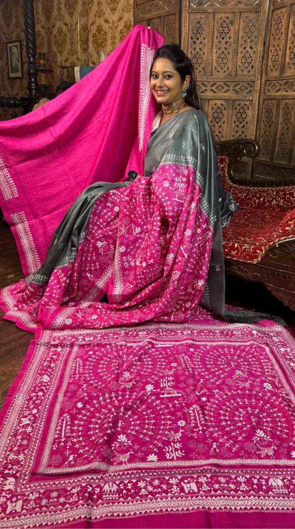 Alishaa Pink Kantha Embroidered Bangalore Silk Saree