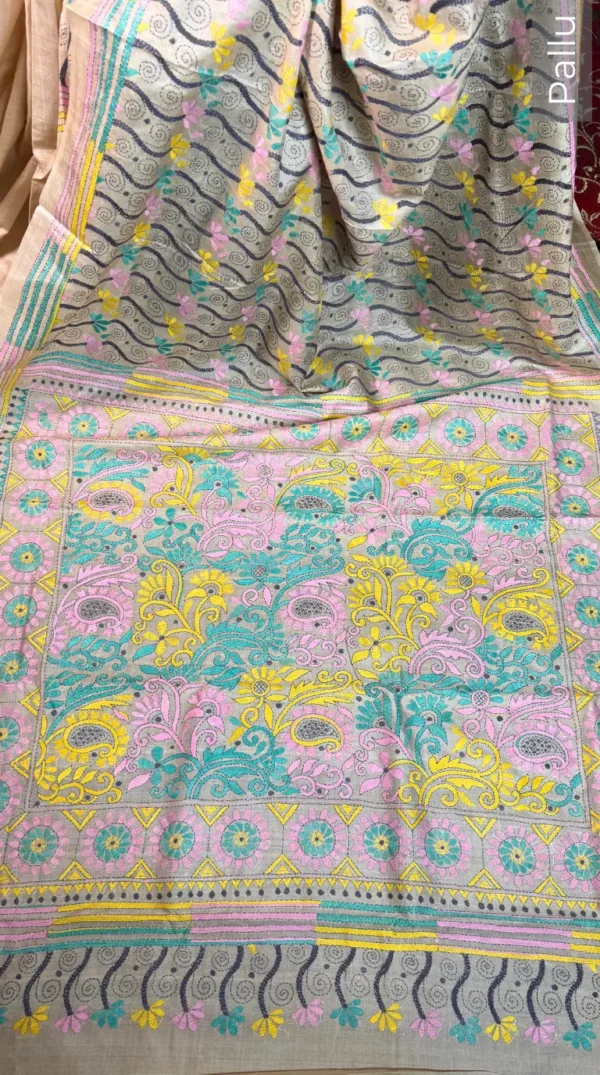 Pastel Elegance Pure Tussar Silk Kantha Embroidered Saree