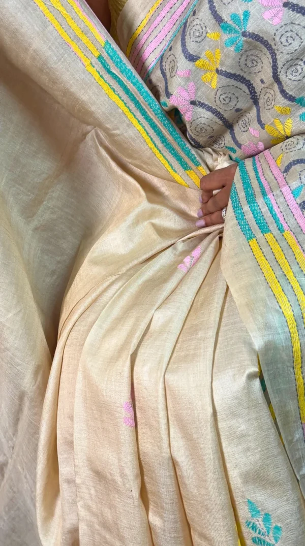 Pastel Elegance Pure Tussar Silk Kantha Embroidered Saree