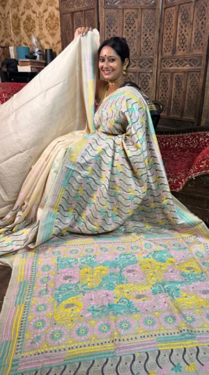 Pastel Elegance Pure Tussar Silk Kantha Embroidered Saree