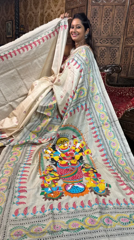 Divine Grace Pure Tussar Silk Kantha Embroidered Saree