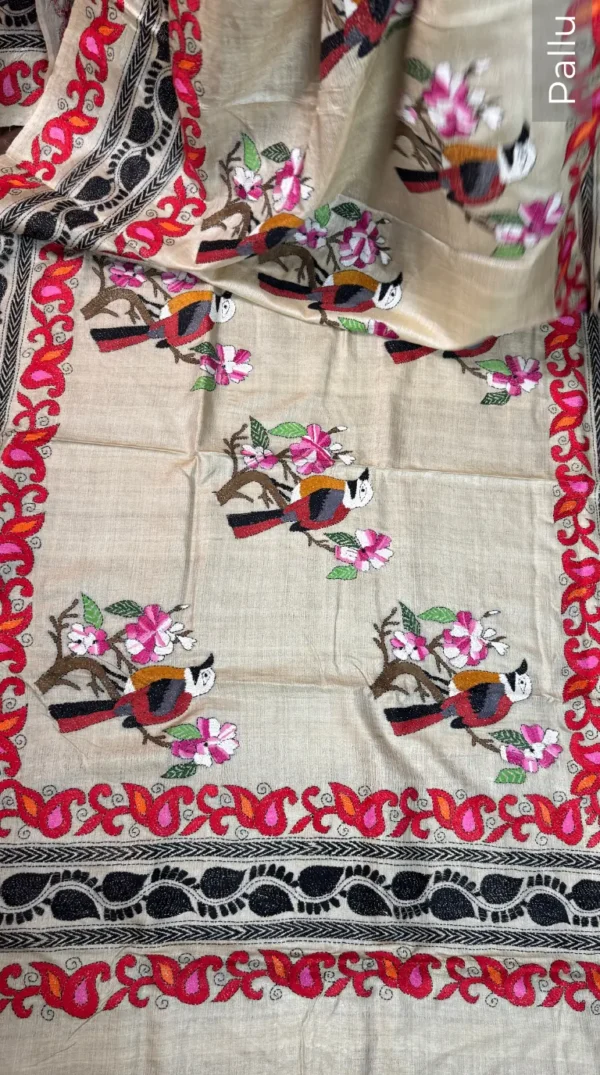Soft Beige Pure Tussar Silk Kantha Embroidered Saree