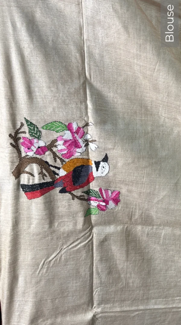Soft Beige Pure Tussar Silk Kantha Embroidered Saree